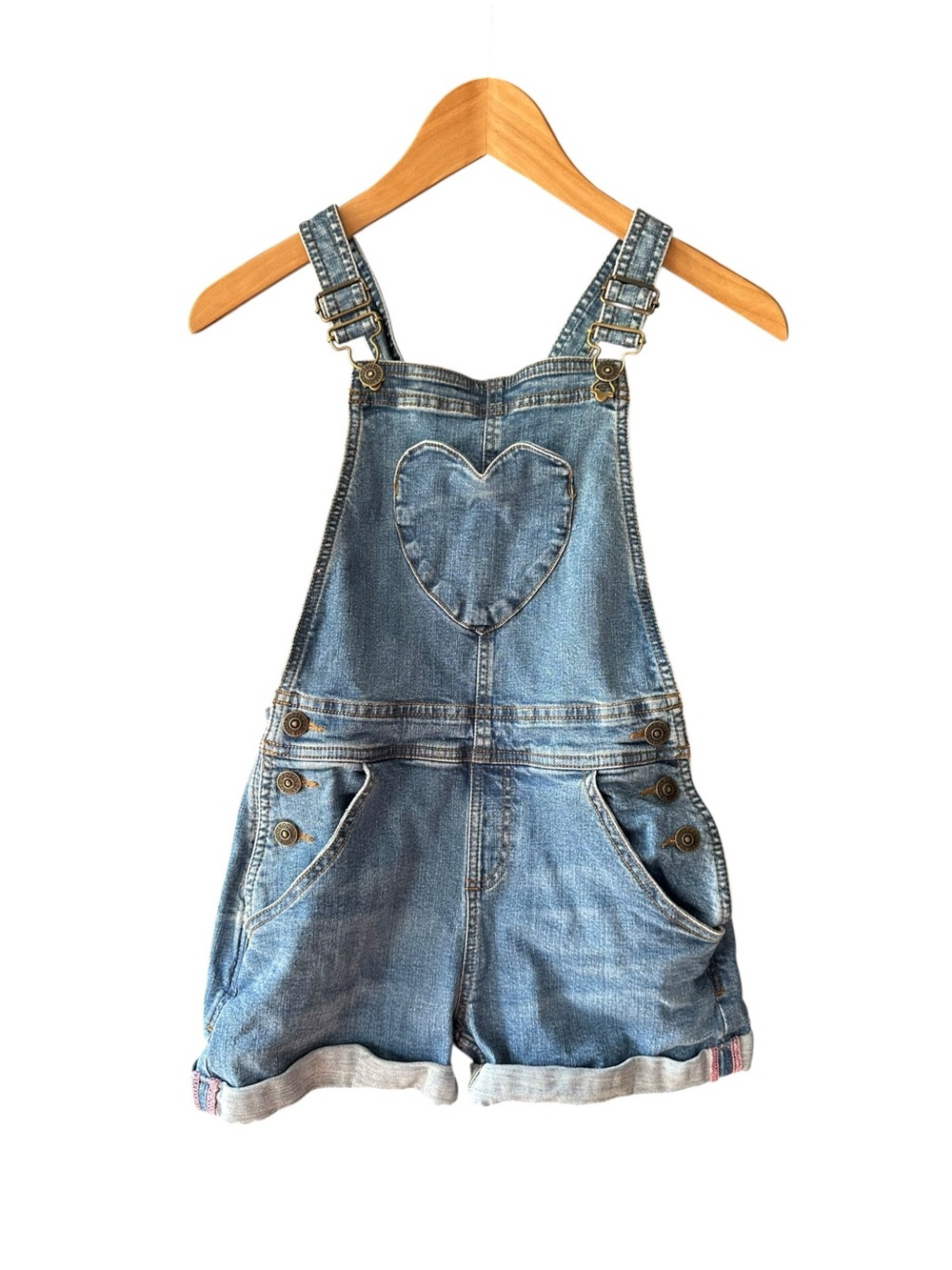 Mini Boden Girls 8-9Y Denim Heart Pocket Short Overalls Shortalls Dungarees